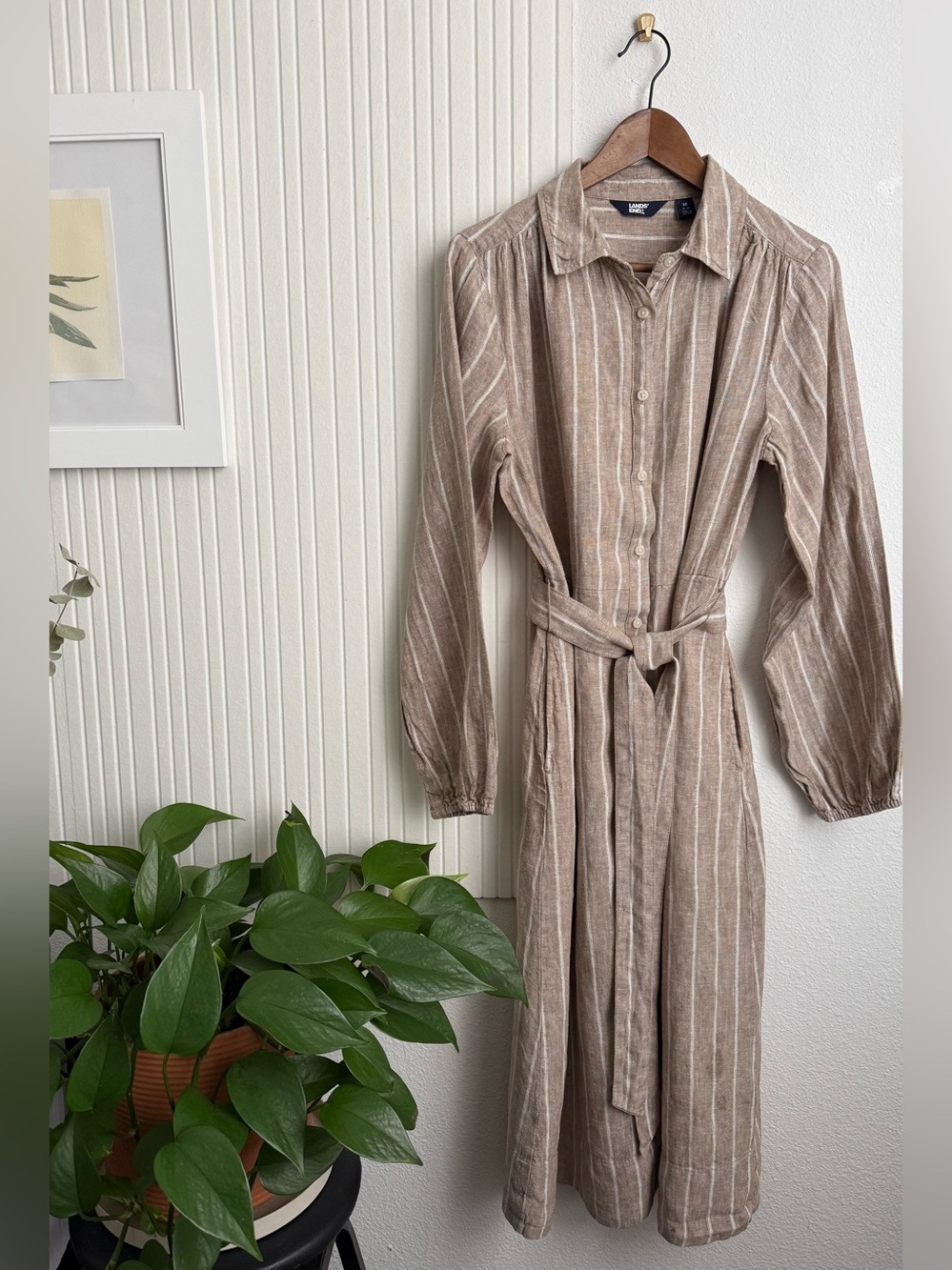 100% Linen Long Sleeve Button Down Taupe Shirt Dress with Pockets